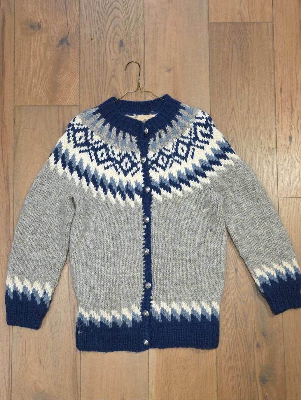 Vintage Nordic Pattern Crewneck Cardigan - Gray & Navy